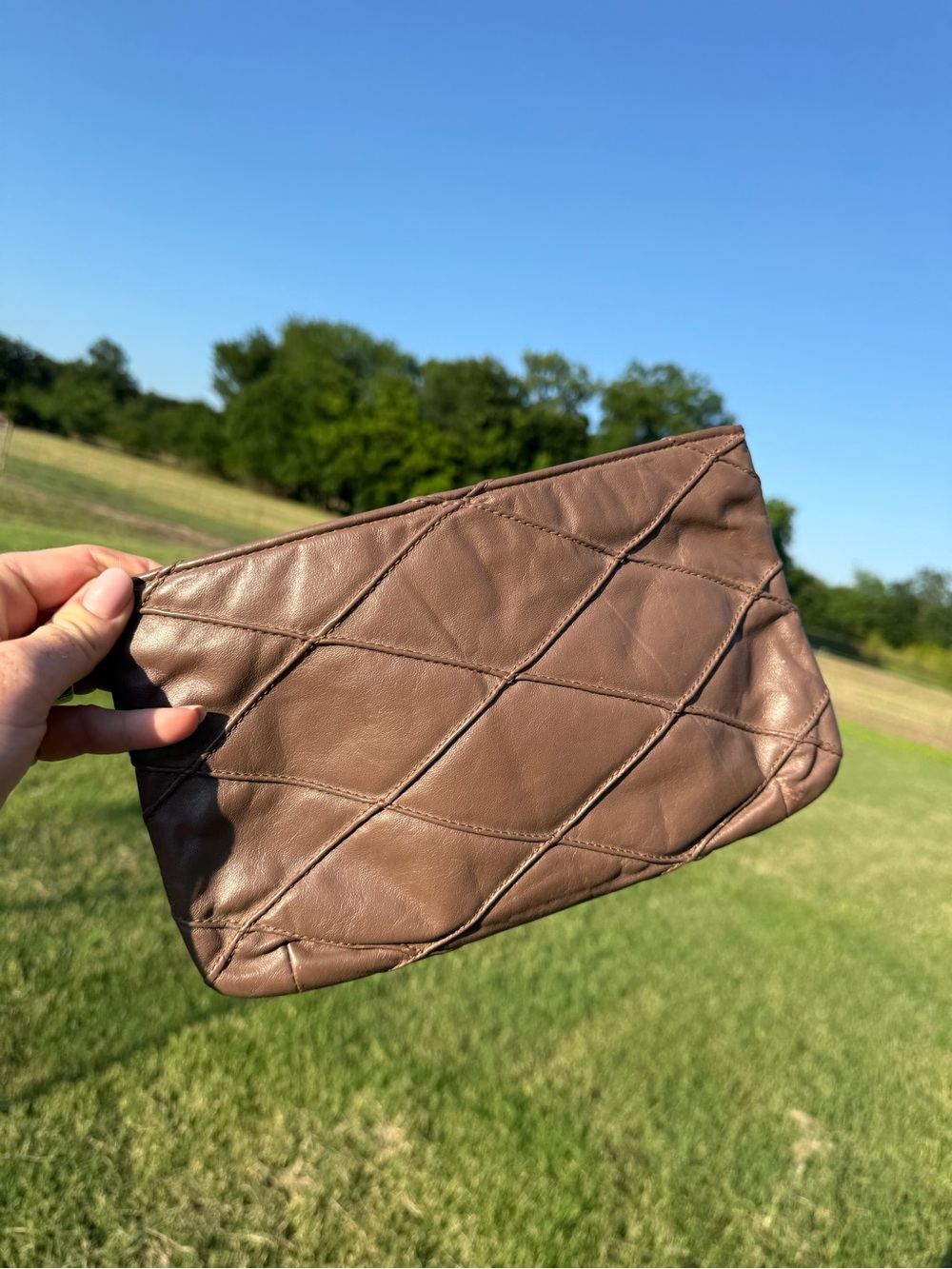 Women's Quilted Brown Leather Wristlet Clutch